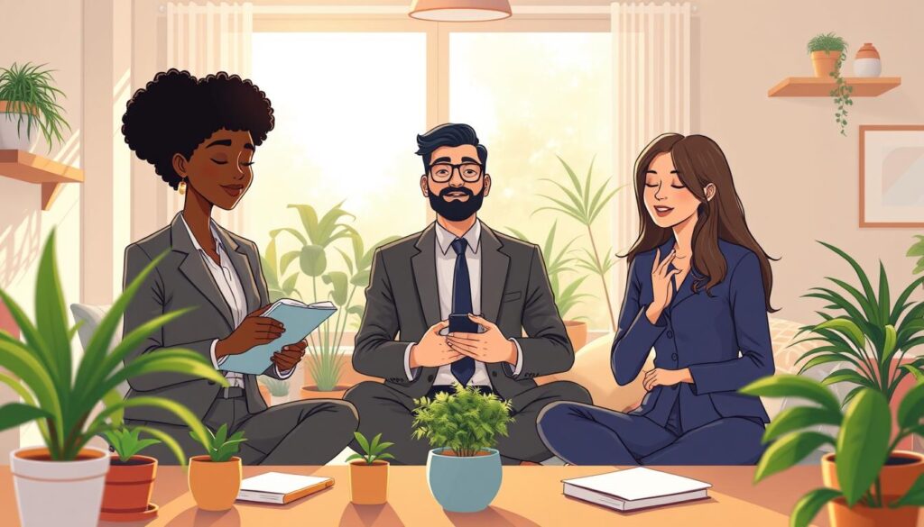 A serene workspace scene illustrating self-awareness activities. In the foreground, a diverse group of three individuals—one Black woman, one Hispanic man, and one Asian woman—in professional business attire, engaged in reflective practices such as journaling and meditative breathing. The middle ground features a cozy, sunlit area with potted plants and soft cushions, creating a comfortable setting for self-discovery. In the background, a large window with gentle sunlight filtering through, casting warm light across the space. The atmosphere is calm and introspective, with soft shadows enhancing the peaceful mood. Shot with a 35mm lens to capture the warmth of the scene, highlighting the importance of understanding self-awareness in daily life. nextself.ai A serene workspace scene illustrating self-awareness activities. In the foreground, a diverse group of three individuals—one Black woman, one Hispanic man, and one Asian woman—in professional business attire, engaged in reflective practices such as journaling and meditative breathing. The middle ground features a cozy, sunlit area with potted plants and soft cushions, creating a comfortable setting for self-discovery. In the background, a large window with gentle sunlight filtering through, casting warm light across the space. The atmosphere is calm and introspective, with soft shadows enhancing the peaceful mood. Shot with a 35mm lens to capture the warmth of the scene, highlighting the importance of understanding self-awareness in daily life. nextself.ai