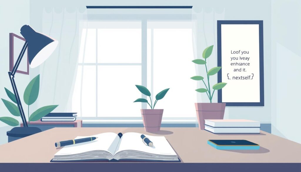 A tidy desk with a journal, a pen and a mindfulness app open on a phone, lit by soft window light