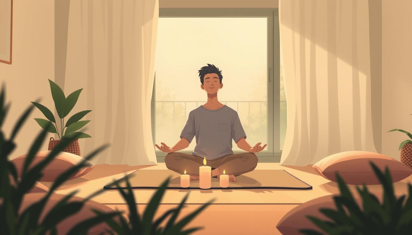 A calm sunlit studio space with people journaling and breathing mindfully, soft plants and warm light